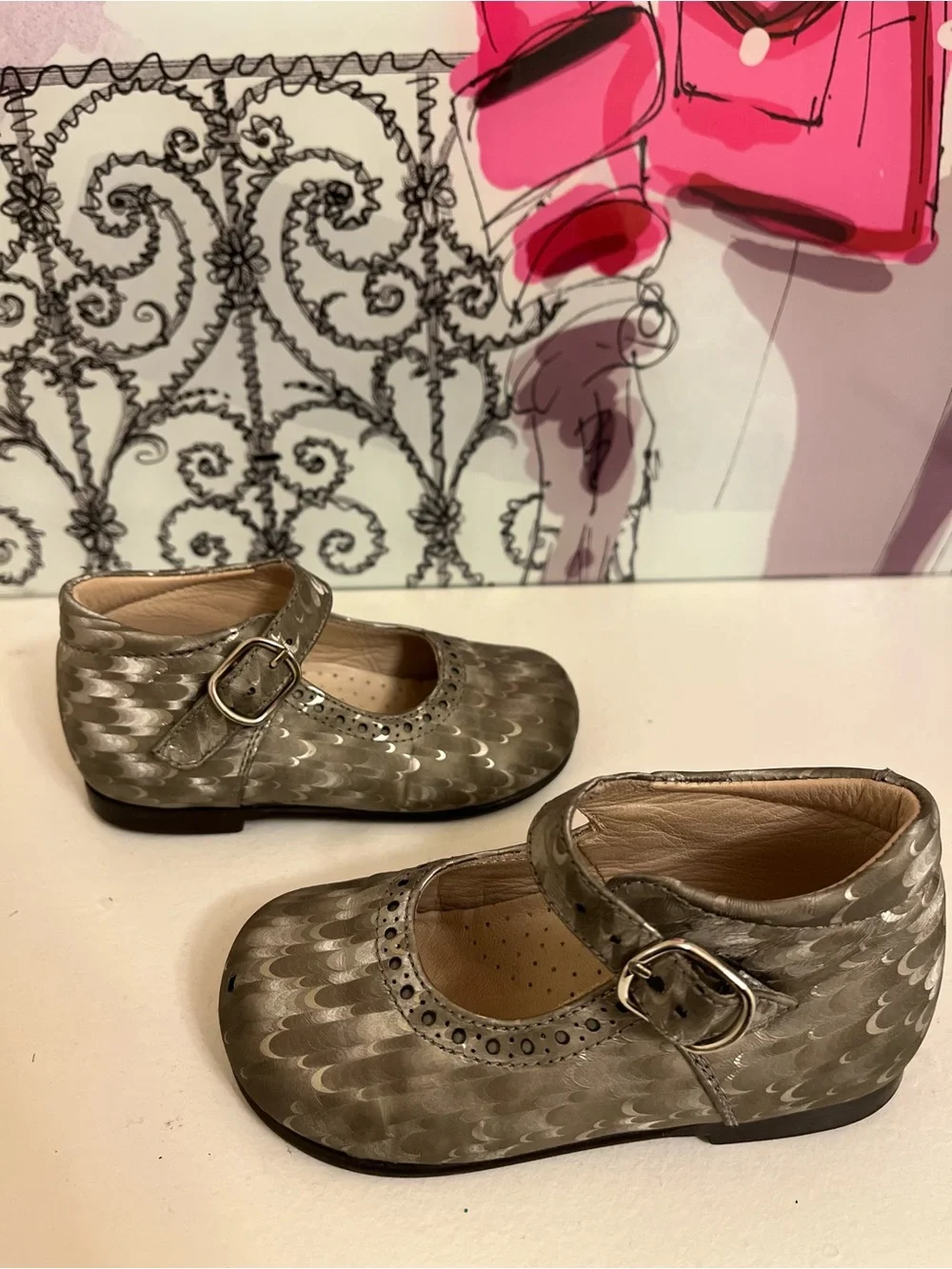 Mary Jane Shoes - Metallic Feather-Print Leather, Toddler EU 22 (US Toddler 6)